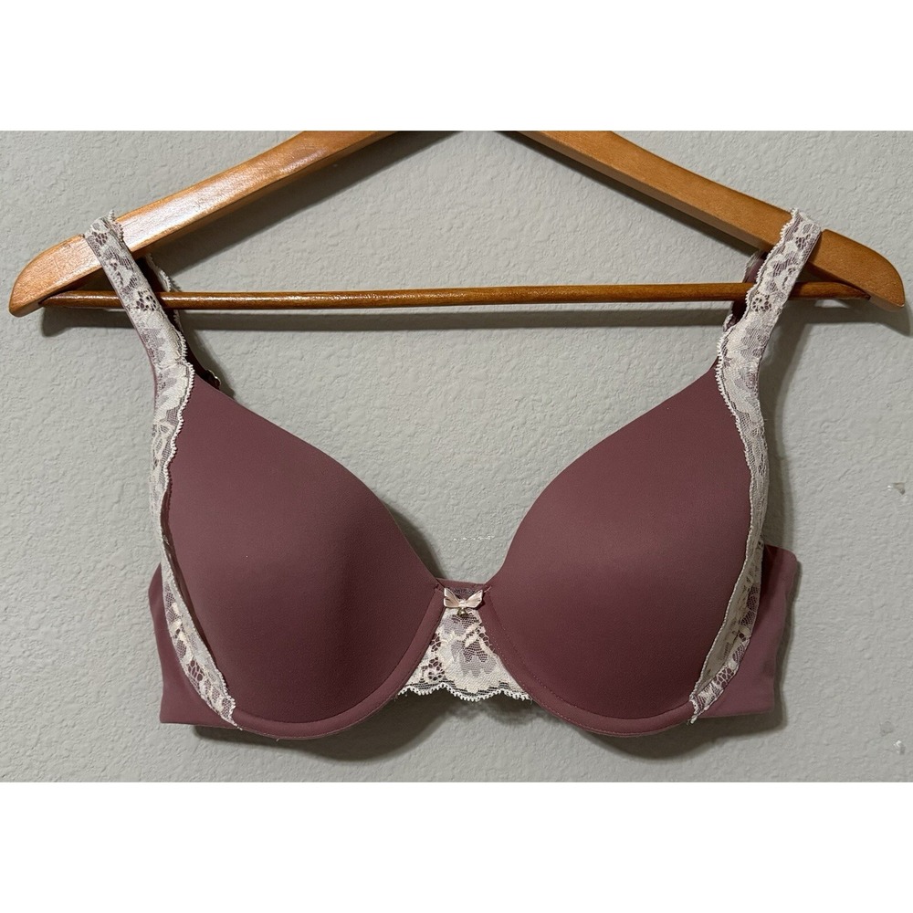 Soma‎ Bra 36C Embraceable Demi Lace Trim Bow Dusty Rose Feminine Comfort EUC
